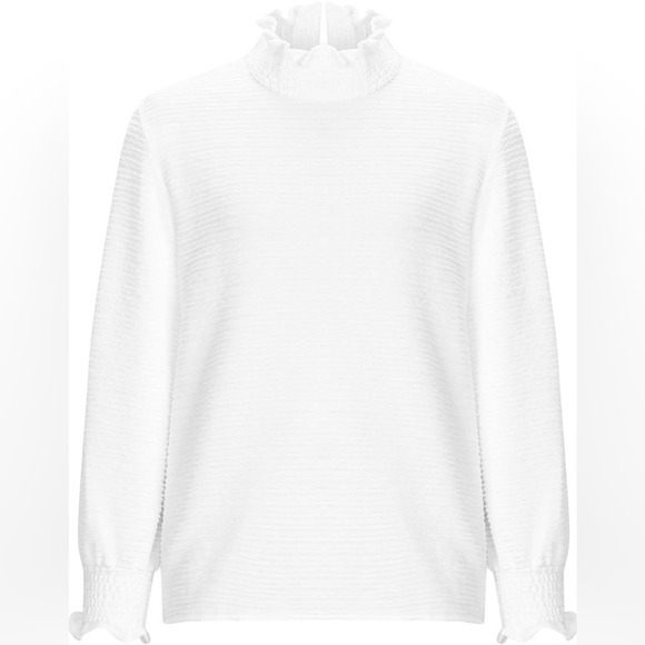 ☆3/35$ | White Textured Ruffle Edge Long Sleeves Mock Neck Loose Top in Size L - Picture 7 of 9